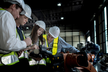 team engineers inspecting on machine with smart tablet. Worker works at heavy machine robot arm. The welding machine with a remote system in an industrial factory. Artificial intelligence concept.