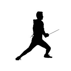 Solid black silhouette of a fencer lunging, Vector Graphic