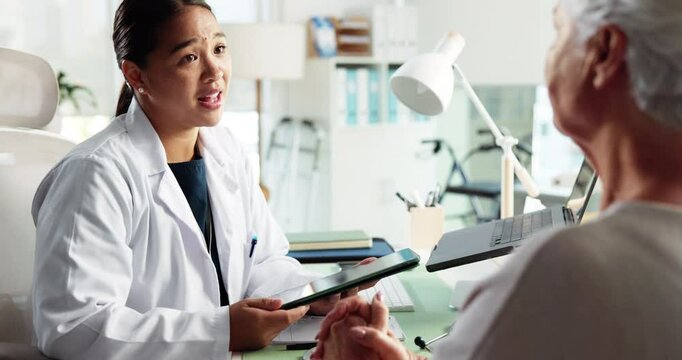 Elderly woman, happy doctor and consultation with tablet for healthcare, wellness or checkup. Technology, talking and patient with medical test results, good news and explain prescription in hospital