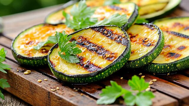 Grilled zucchini slices on wooden board with parsley and sesame seeds.