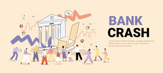 Bank crash financial crisis people fleeing collapsing building charts panic crowd abstract pastel background website banner