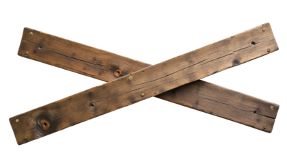 Wooden cross beams arranged in a distinctive X shape on a white background