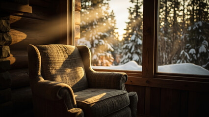 Serene winter cabin interior featuring an armchair bathed in sunlight with a snow covered mountain view through a wooden window