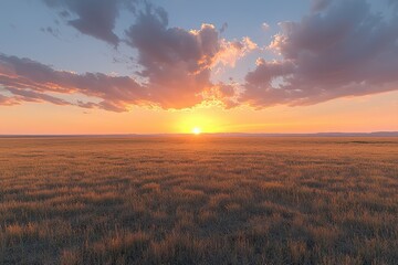 Fototapeta premium Stunning Sunset Over Vast Grassland with Dramatic Clouds and Golden Light in a Serene Natural Landscape