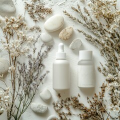 Minimalist beauty products surrounded by dried flowers and stones