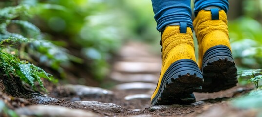Fototapeta premium Woman Hiking Through Lush Green Forest Trail In Yellow Hiking Boots, Focus On Boot Tread