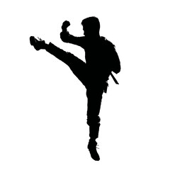 Solid black silhouette of a martial artist kicking, Vector Graphic