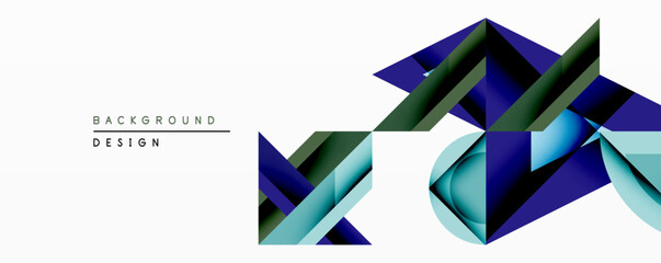 Abstract geometric shapes overlap, creating layered visual effect. Blue, green hues dominate composition. Modern design suitable for backgrounds, presentations.