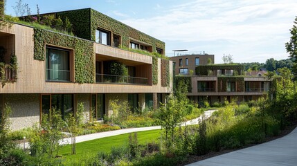 eco-friendly residential building with living green walls, rooftop gardens, integrated into natural landscape, biophilic architecture, soft daylight 