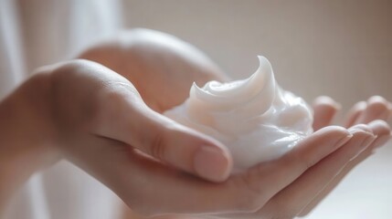 Fototapeta premium close-up of hands applying moisturizing cream, smooth skin texture, soft focus, minimal background, skincare concept 