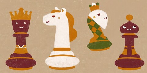 Obraz premium Cute chess pieces cartoon illustration for kids learning and playing chess