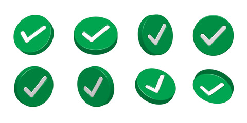 Check mark icon set, checklist mark sign green 3D style