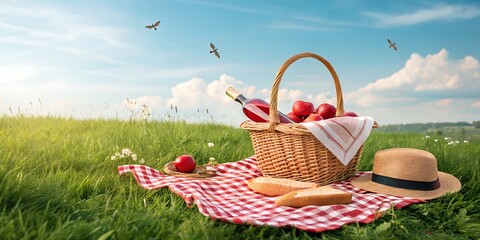 Romantic Picnic Basket: A wicker picnic basket brimming with wine, bread, and apples sits on a red and white checkered blanket in a sun-drenched meadow.  Birds fly overhead.