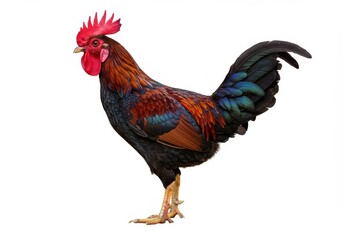 Fototapeta premium Majestic Rooster Colorful Feathers Farm Animal Bird Poultry Vivid Red Orange Brown Green Cock Wing