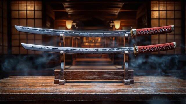 Elegant Display of Twin Katana Swords in Traditional Japanese Dojo Setting