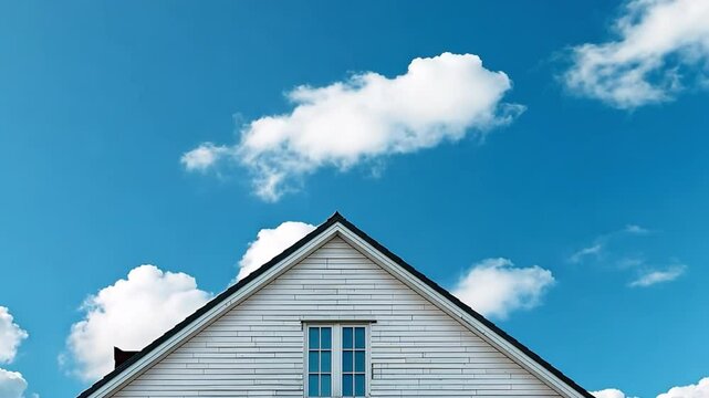 Charming residential building with triangular roof under bright blue sky and fluffy clouds, showcasing beautiful architecture and serene home exterior.