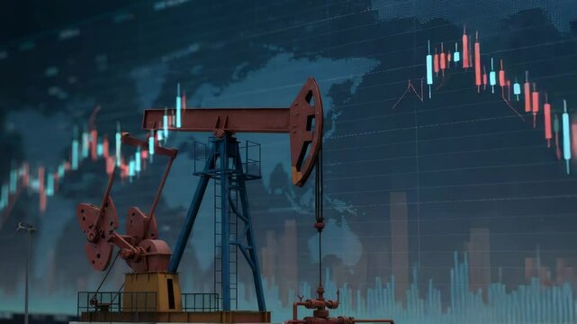 Oil Prices and Global Market Fluctuations - A detailed close-up of an oil pump jack is set against a backdrop of a dynamic world map displaying fluctuating oil prices on a stock market chart. The imag