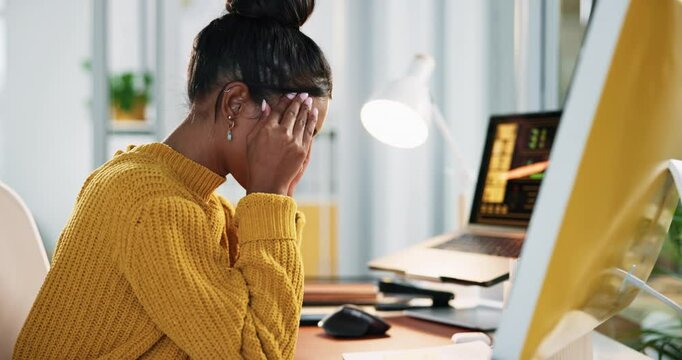 Frustrated woman, headache and computer with stress for overworked pressure, anxiety or burnout at office. Tired, female person or designer with migraine or fatigue for project deadline or mistake