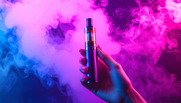 Hand Holding Vaporizer Pen With Pink And Blue Vapor Clouds Against Dark