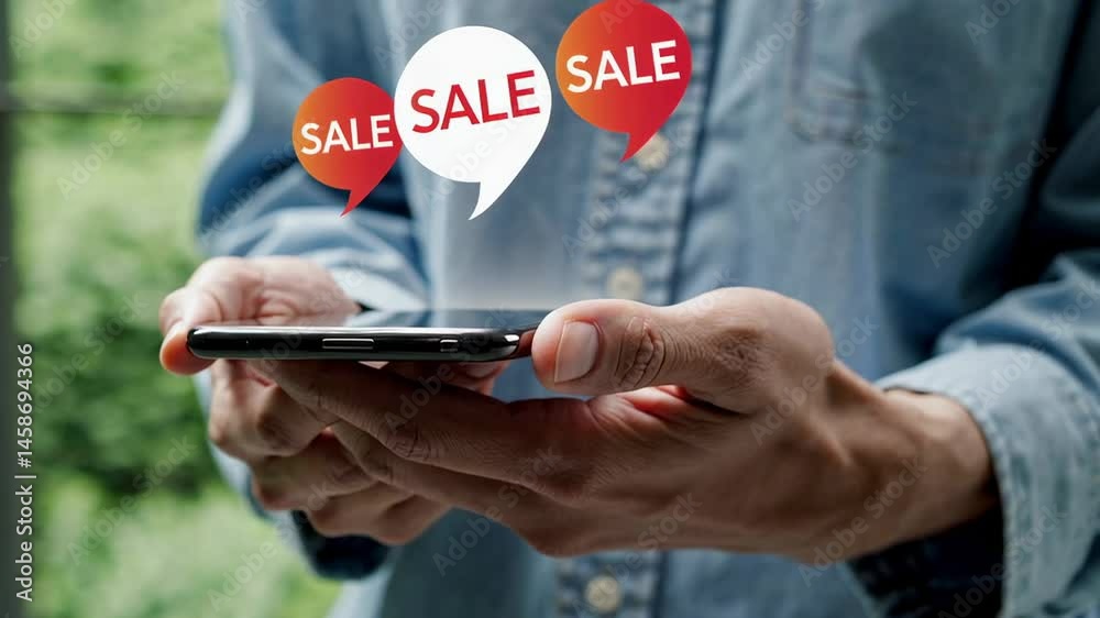 Poster Close up of a man's hands holding a smartphone with animated speech bubbles displaying the word sale appearing above, suggesting online shopping and discounts