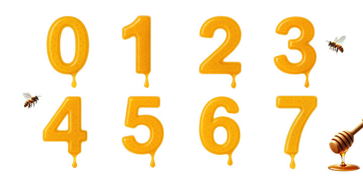 Honey themed numbers 0 to 7 with dripping texture and bees : Numbers 0, 1, 2, 3, 4, 5, 6, and 7 designed with honey texture and dripping effect, surrounded by bees and a honey dipper