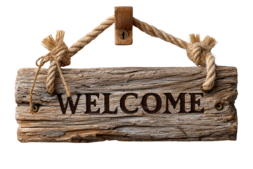 Wooden sign displaying the word "WELCOME" adorned with rope accents. Png, Isolated on background.