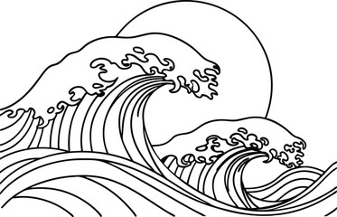 Decorative Black And White Waves With Rising Sun Outline Vector Graphic