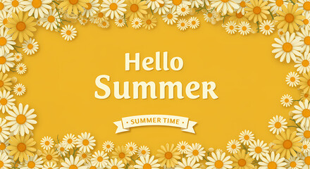 Fototapeta premium Hello Summer: Yellow Daisy Floral Frame Background for Summer Greetings