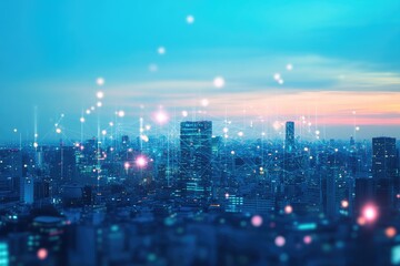 Modern cityscape at twilight, interconnected network