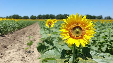 Obraz premium Sunny sunflower farm showing rows of vibrant flowers under a cloudless blue sky on a bright summer day