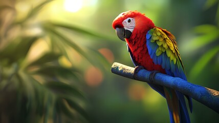 beautiful Scarlet macaw sitting on a branch in the tropical forest