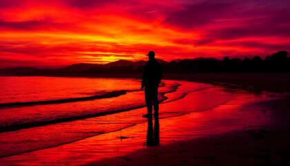 Silhouette of a person enjoying sunset on a tranquil beach  
