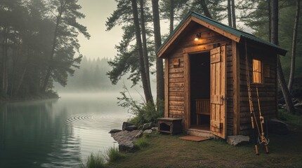 Cozy wooden cabin by the serene lake in a misty forest  