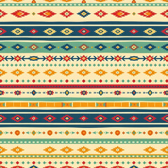 Southwestern tribal stripes in vintage colors, handwoven textures, seamless pattern.