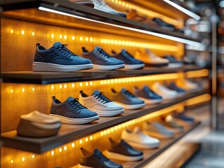 Stylish athletic shoes displayed on lighted shelves in retail setting
