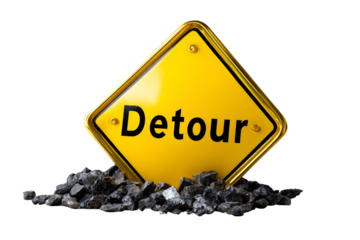 Detour sign on gravel indicating a change in route. Png, Isolated on background.