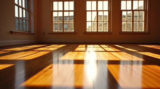 Sunlight streams through windows onto polished wood floors.