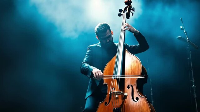Golden harp sitting on wooden stage within empty auditorium, dramatic lighting highlighting instrument's elegant silhouette and creating profound musical atmosphere