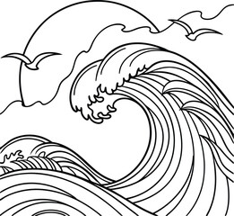 Ocean Waves With Seagulls And Sun Line Art Graphic Design Illustration