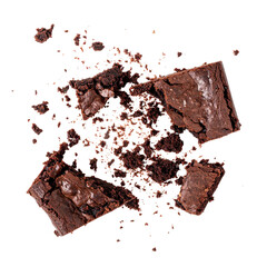 Delicious chocolate brownie pieces are scattered, creating visually appealing and dynamic composition. rich texture and deep color evoke sense of indulgence and sweetness