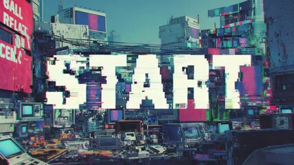 Futuristic cityscape, vibrant colors, glitch effect. Large word START overlaid.  Densely packed vehicles and displays - Powered by Adobe