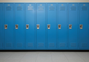 Close up shot of blue school lockers in a row with numbered doors ready for students.