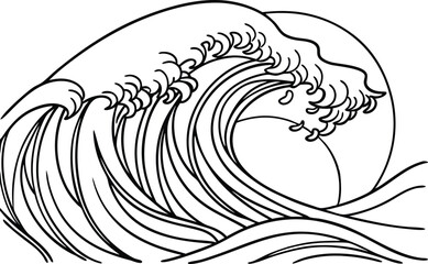 Monochrome Wave Illustration With Sun In Background Minimalist Line Art Style