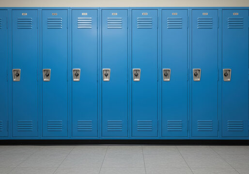 Close up shot of blue school lockers in a row with numbered doors ready for students. - Powered by Adobe