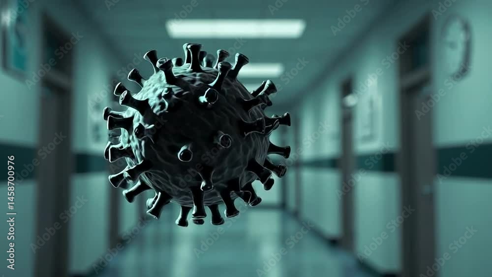 Poster virus representation floating menacingly inside a hospital corridor, symbolizing the urgent need for