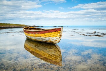 Colorful rowboat on calm water reflects sky