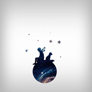 Little boy sitting on the planet with his dog. Fantasy silhouette art