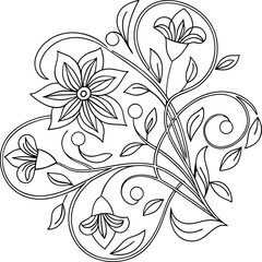 Floral Ornament Illustration With Flowers Leaves And Swirls Elegant Outline Style