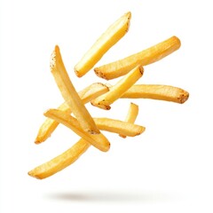 Crispy french fries flying in the air background isolated crispy.