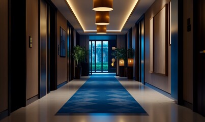 Sophisticated hotel hallway illuminated with modern drum pendant lights